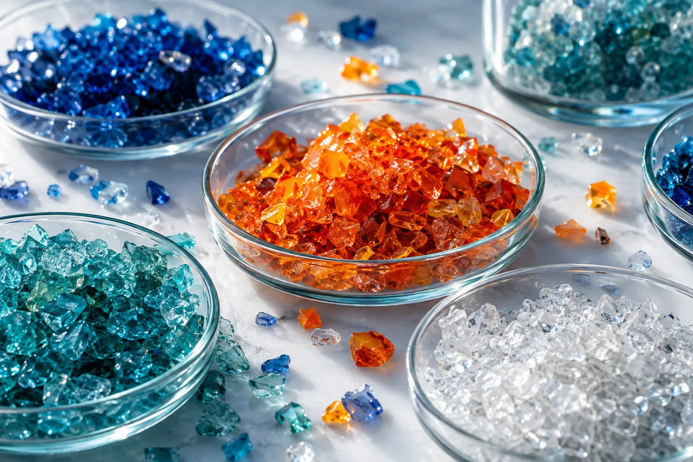Bowls of orange, teal, cobalt and clear glass frit