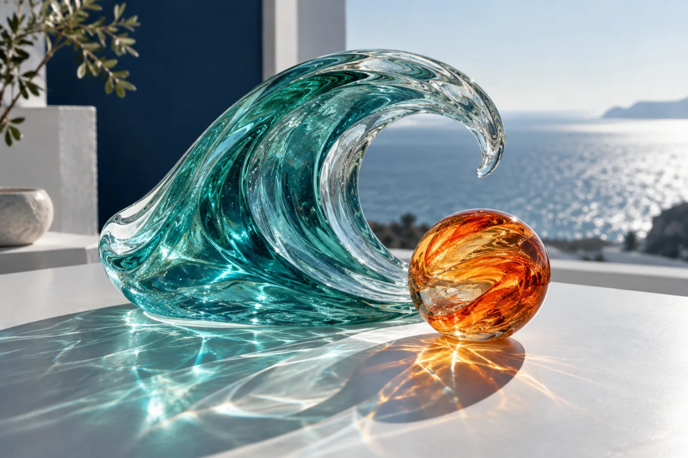 A teal glass wave and orange glass orb casting colorful shadows