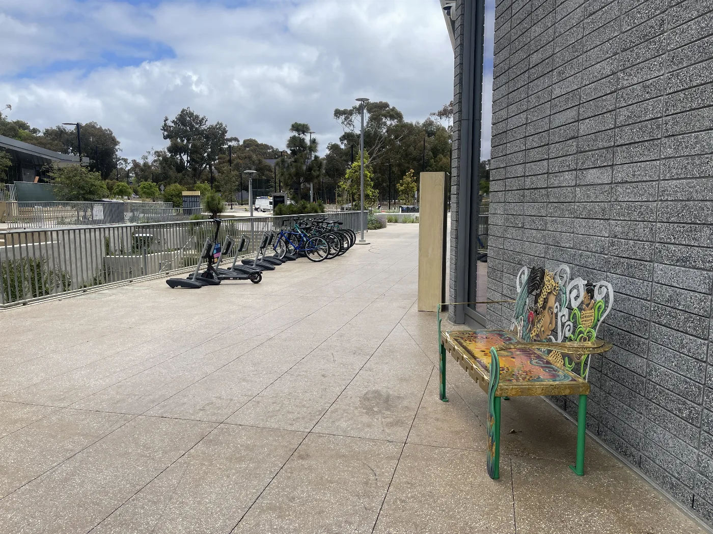 La Gente De Maíz glass and metal art bench at UC San Diego