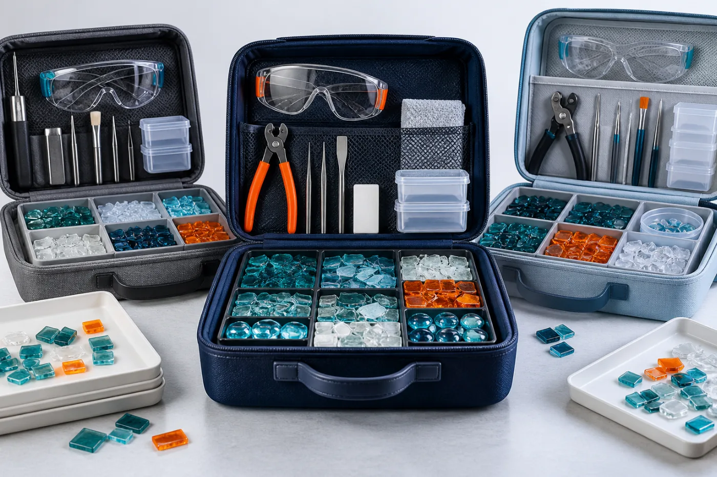 Portable cases organized with glass tiles, tools and safety glasses