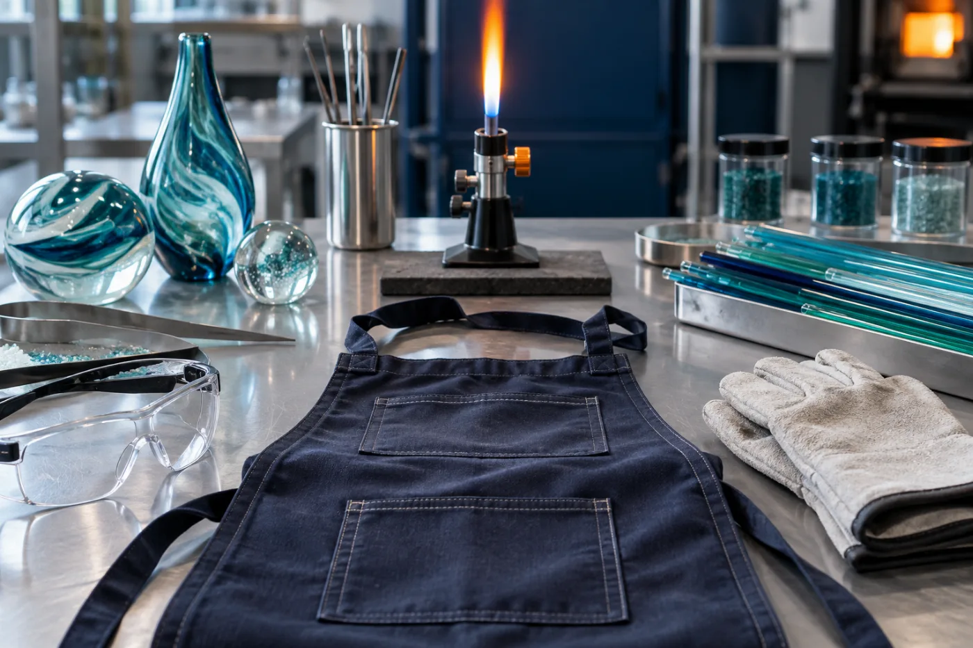 Safety glasses, an apron and protective gloves on a studio workbench
